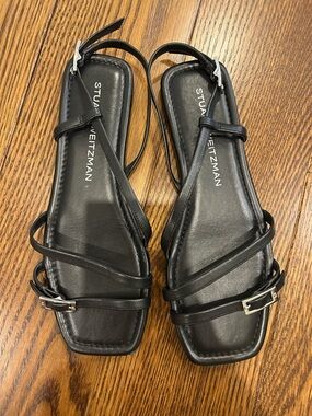 Stuart Weitzman Black Leather Strappy Slingback Sandals with Silver Buckles